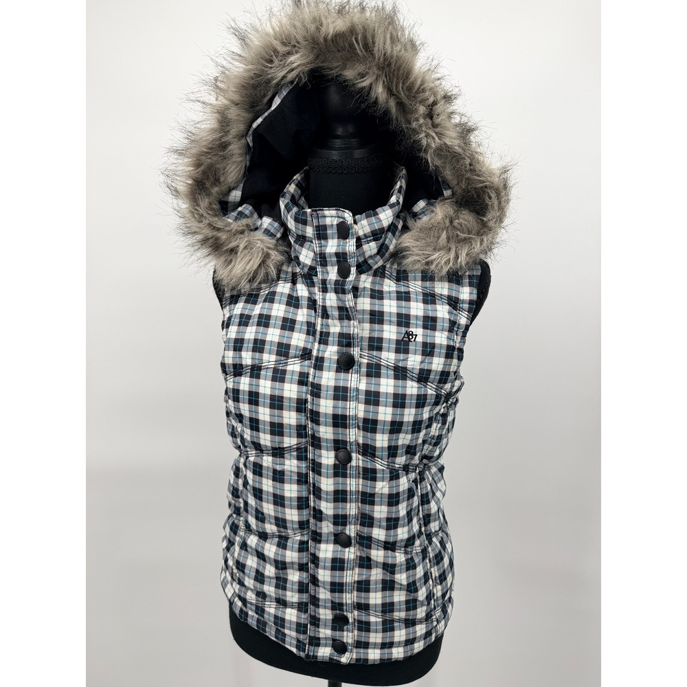 Aeropostale Puffer Jacket Women S Black White Plaid Good Faux Fur Hood A87